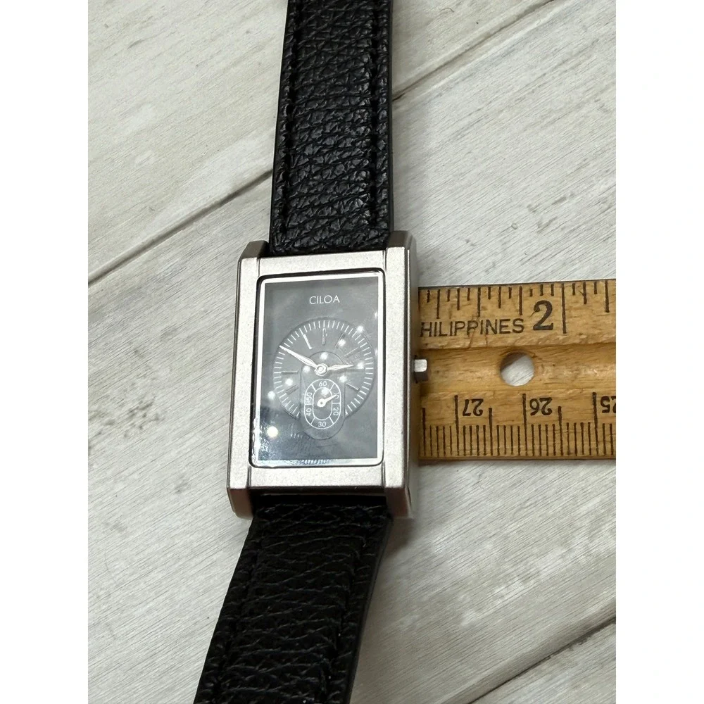 Ciloa EP510 Tank Watch Black Dial Silver Case Leather Strap Mens Womens Working